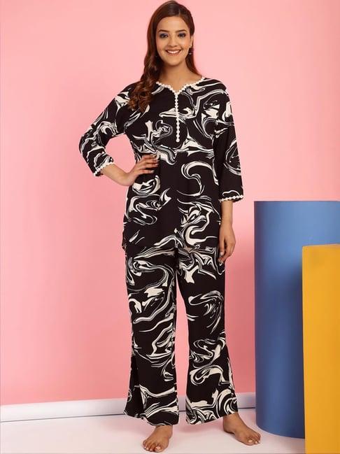 secret wish black printed tunic & pyjamas set