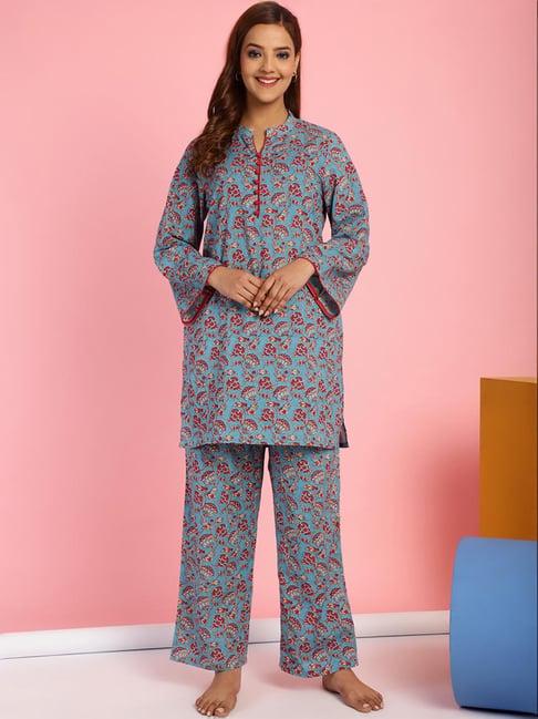 secret wish blue cotton printed tunic & pyjamas set
