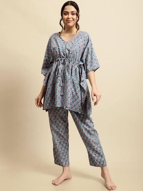 secret wish blue floral print kaftan top with pyjamas
