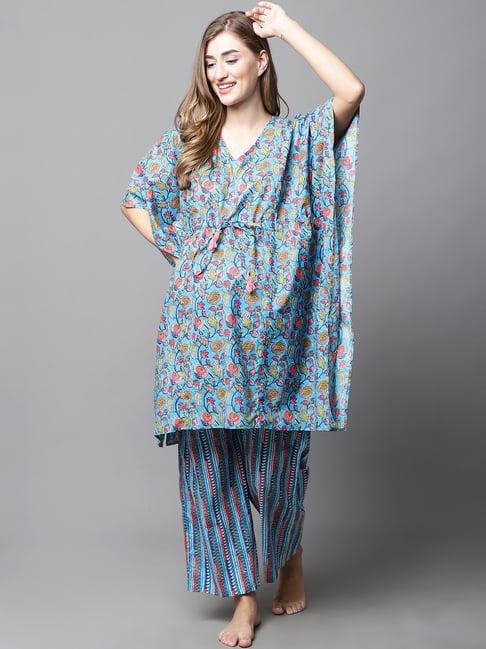 secret wish blue floral print kaftan with pyjamas