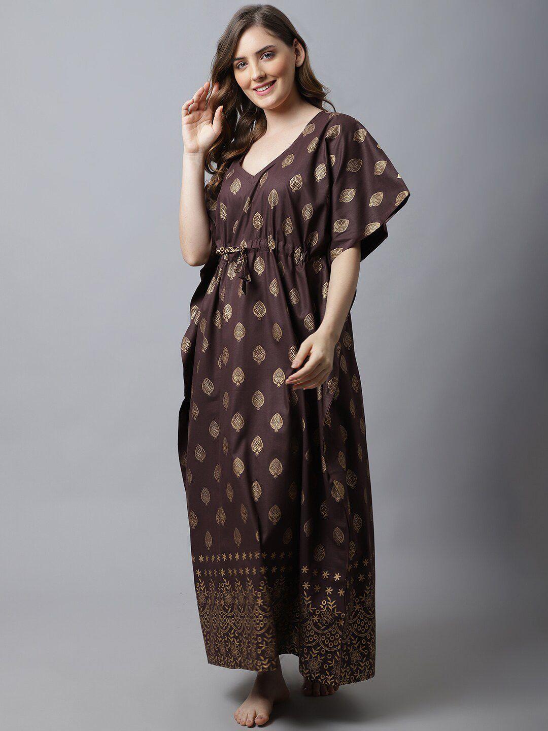 secret wish brown ethnic printed kaftan nightdress