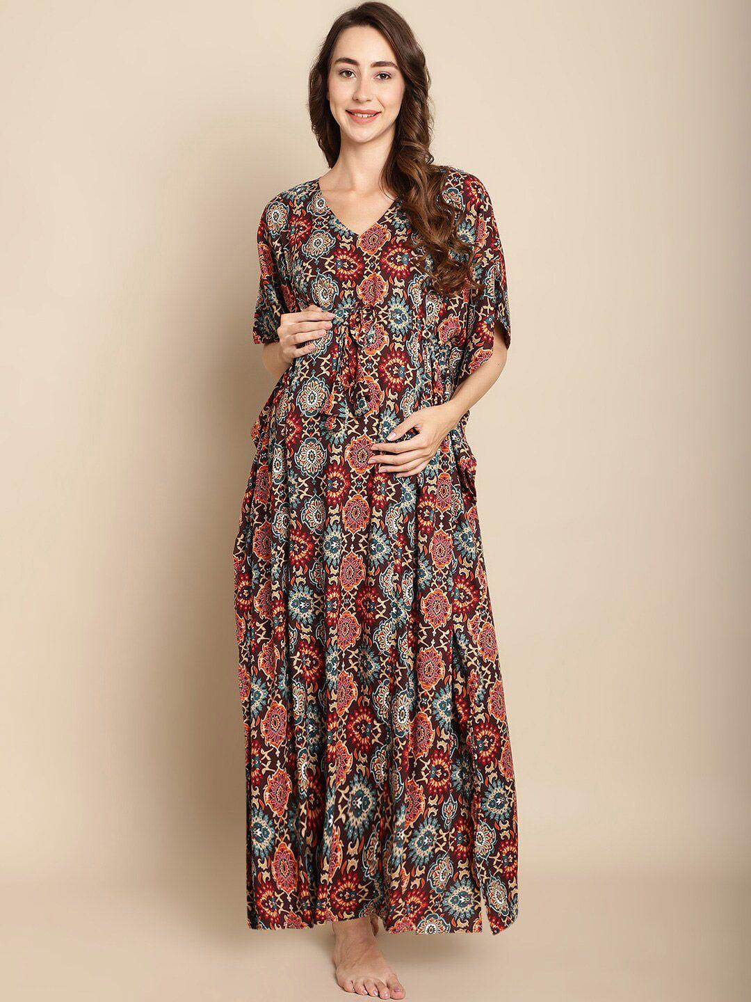 secret wish ethnic motifs printed maternity maxi kaftan nightdress