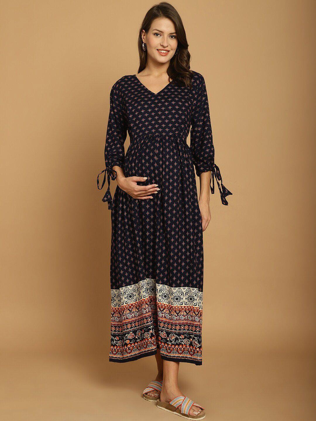 secret wish ethnic motifs printed v-neck gathered maternity fit & flare ethnic dress