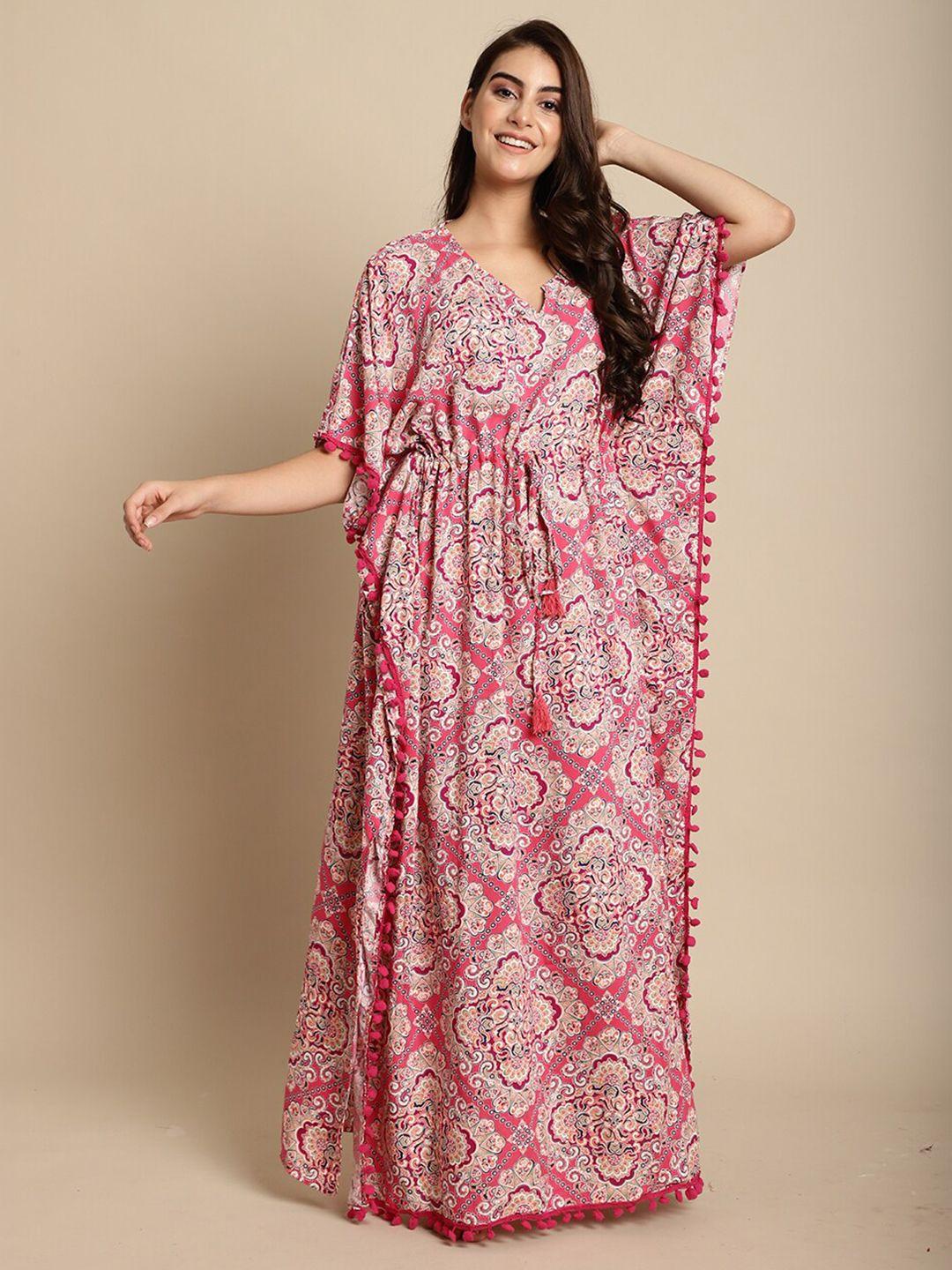 secret wish ethnic motifs printed v-neck maxi kaftan nightdress