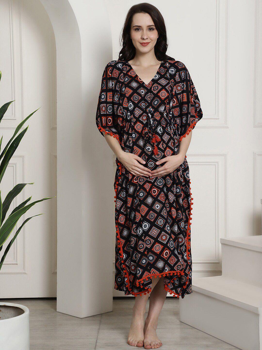 secret wish ethnic motifs printed v-neck pure cotton maternity kaftan nightdress