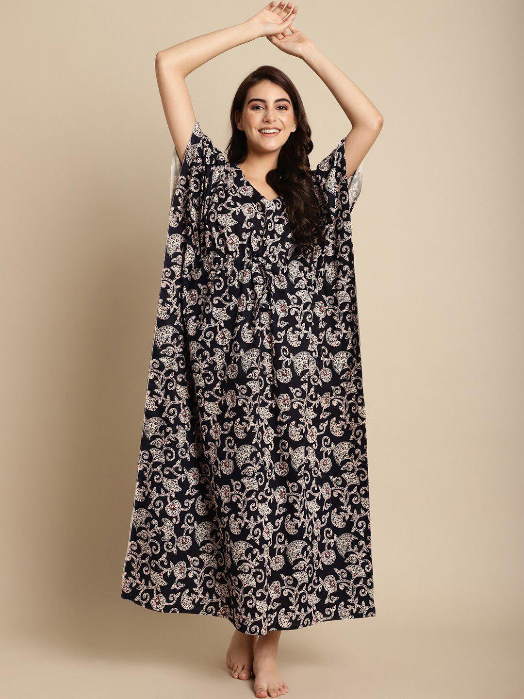 secret wish ethnic motifs printed v-neck pure cotton maxi kaftan nightdress