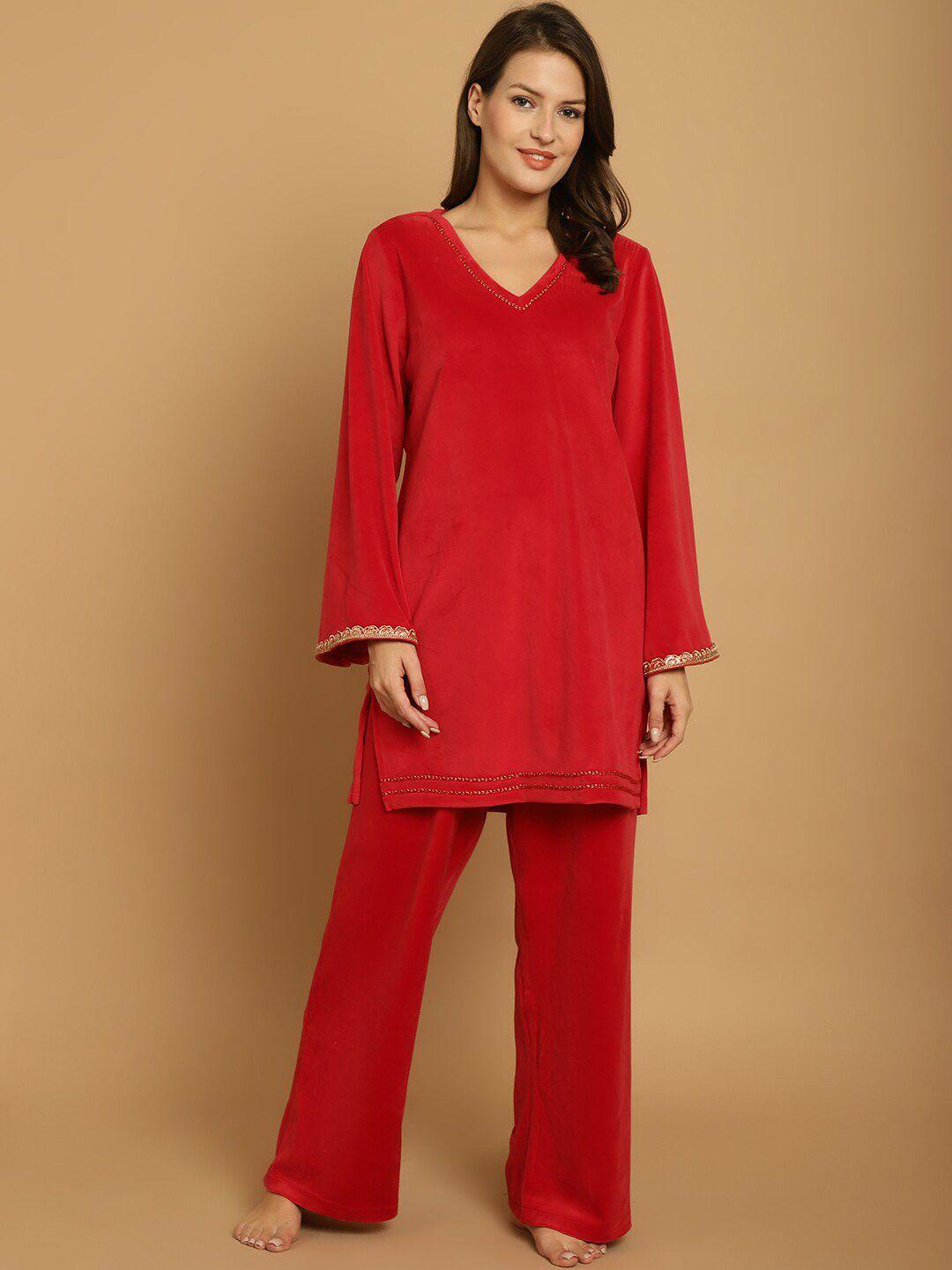 secret wish floral embroidered long sleeves velvet kurti & pyjamas