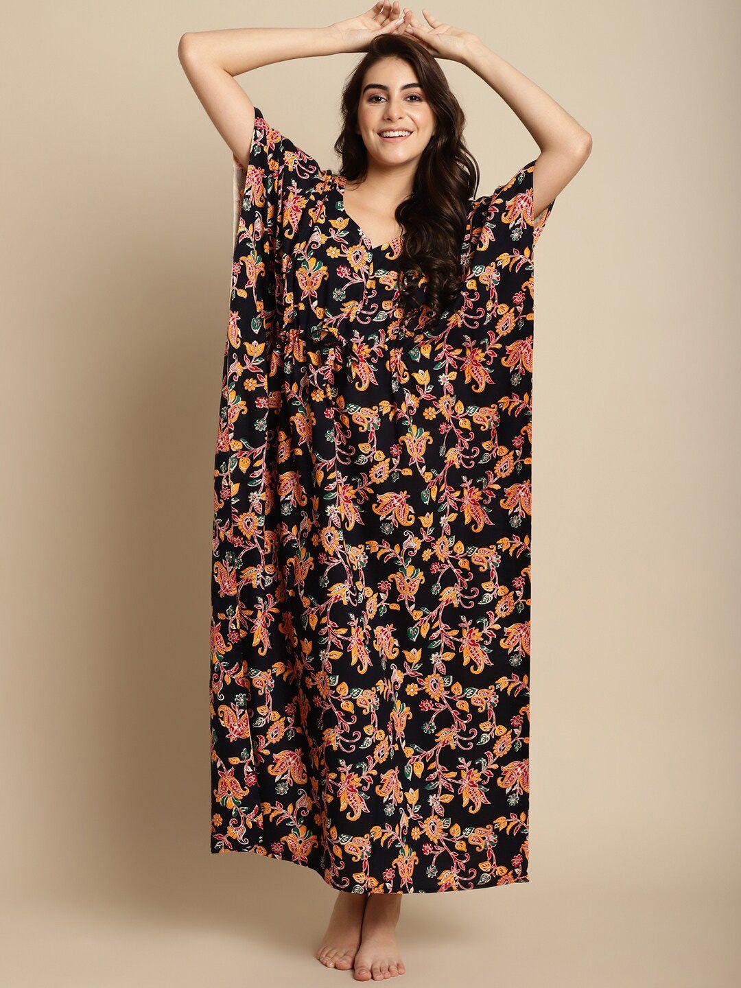 secret wish floral printed v-neck pure cotton maxi kaftan nightdress