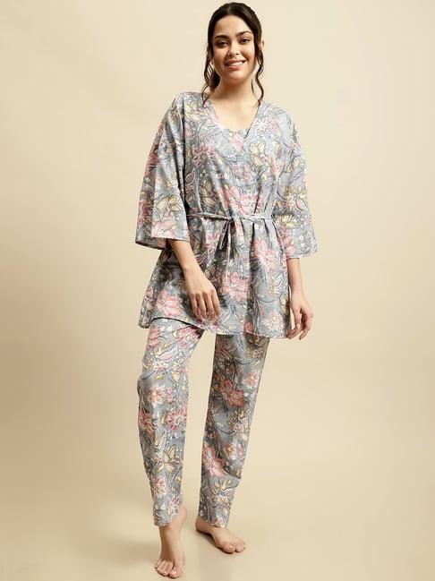 secret wish grey floral print top & pyjamas with robe