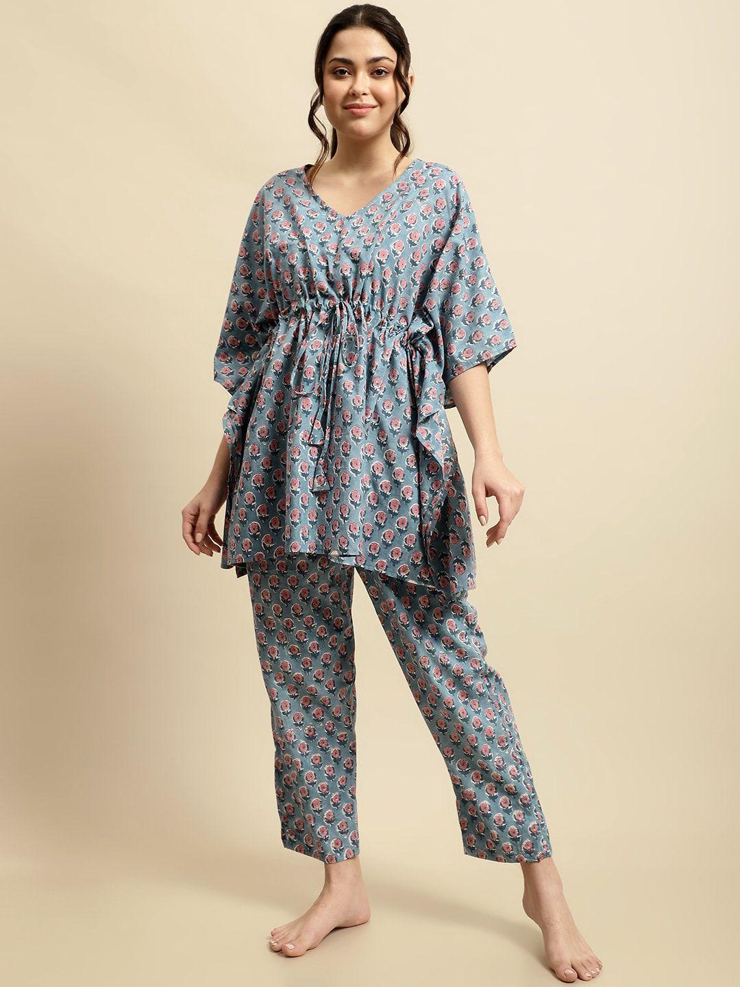 secret wish handblock sanganeri floral printed pure cotton kaftan night suit