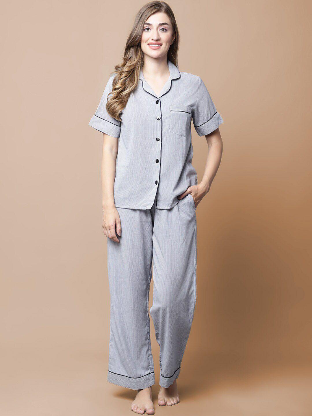 secret wish lapel collar striped pure cotton night suit