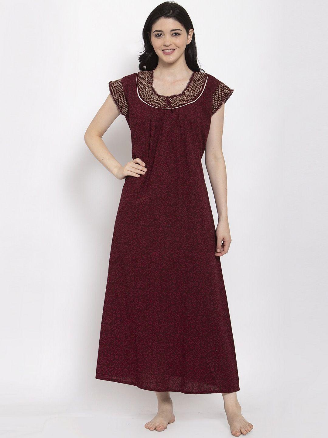 secret wish maroon printed pure cotton maxi nightdress