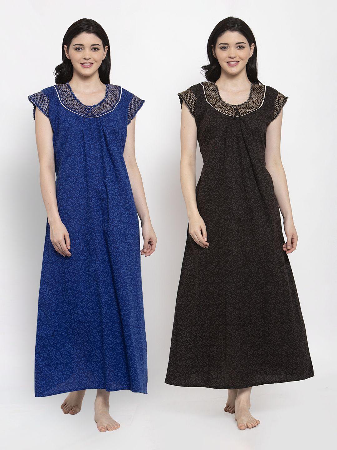 secret wish pack of 2 blue & black printed pure cotton maxi nightdress