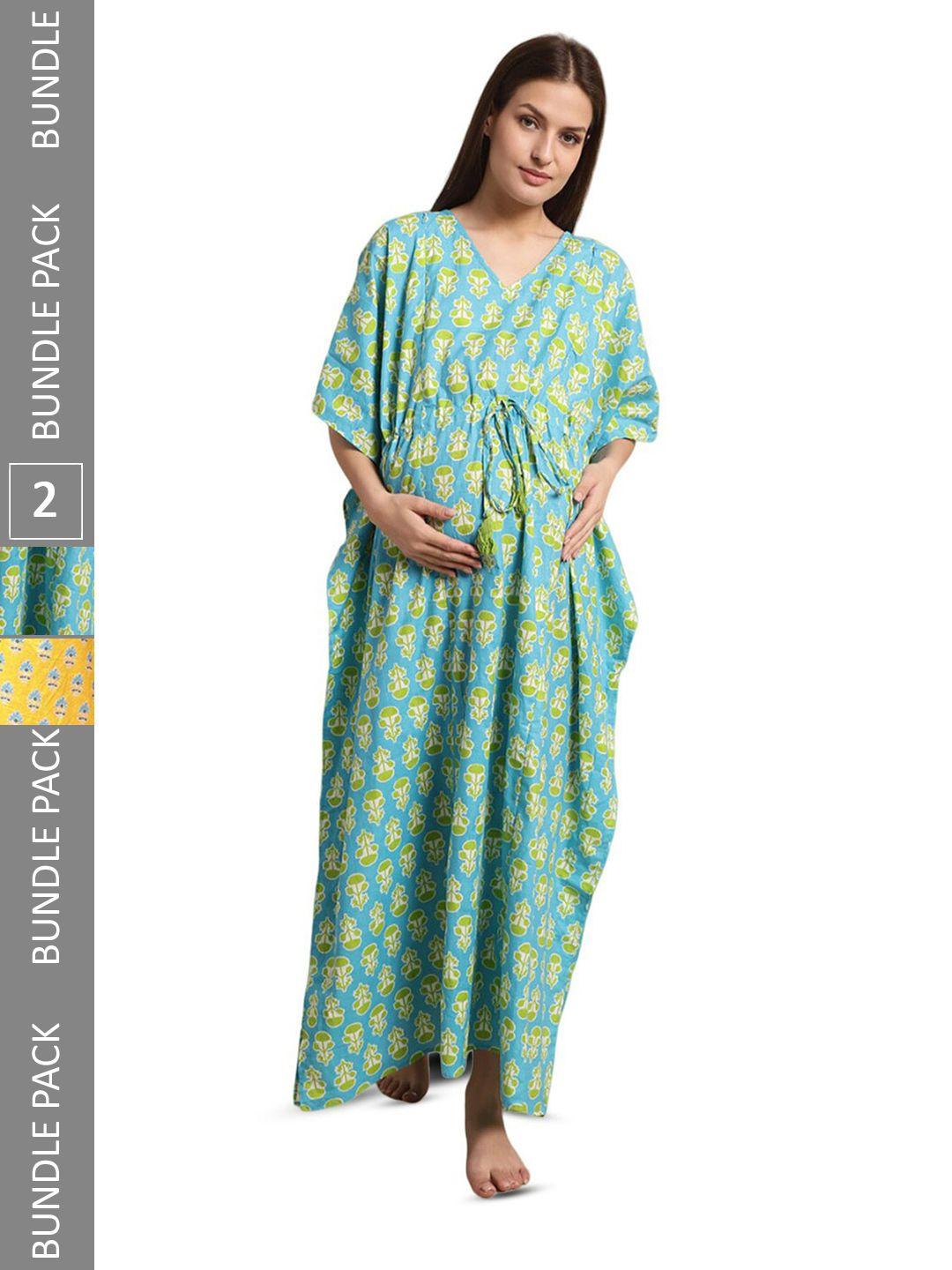 secret wish pack of 2 printed pure cotton maternity kaftan nightdress