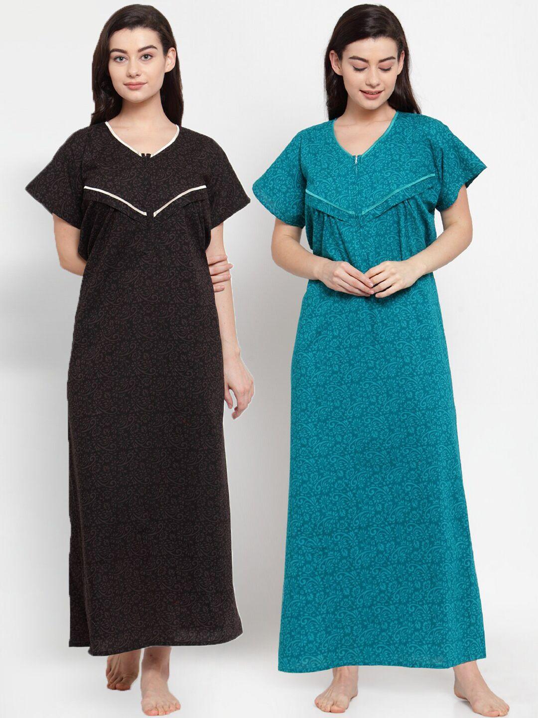 secret wish pack of 2 women brown & blue printed maxi maternity nightdress