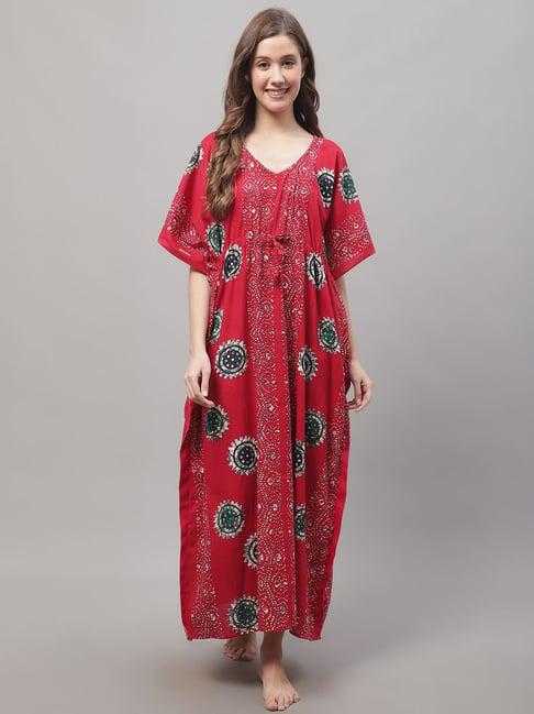 secret wish red cotton printed kaftan night dress