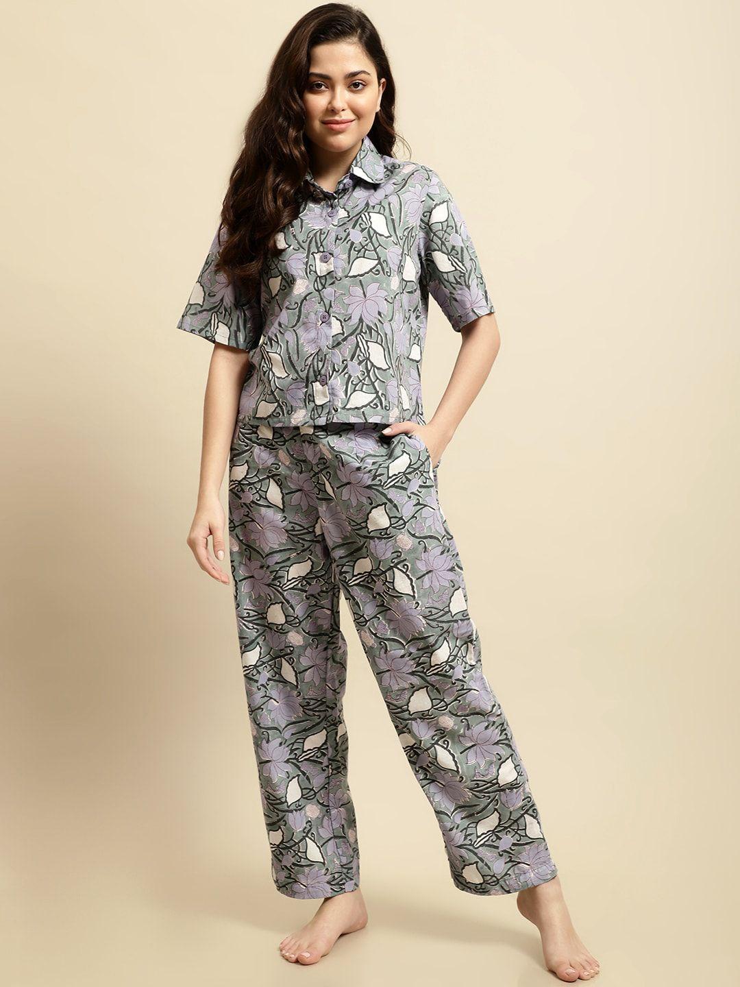 secret wish sanganeri handblock floral printed pure cotton night suit