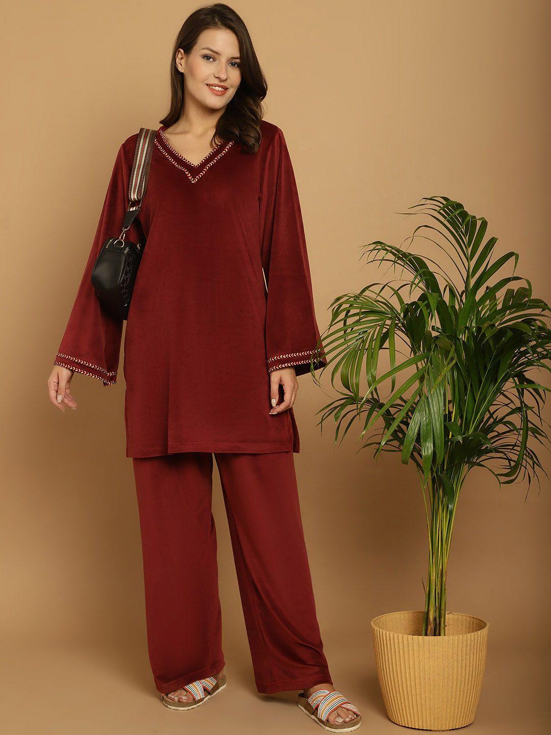 secret wish striped long sleeves velvet kurti & pyjamas