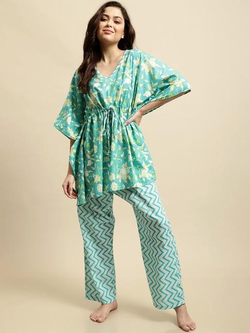 secret wish turquoise floral print kaftan top with pyjamas