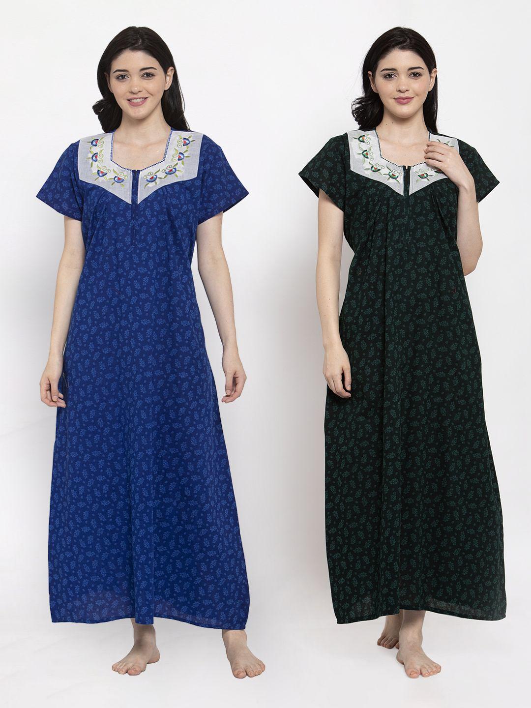 secret wish women pack of 2 blue & olive green printed maxi nightdress
