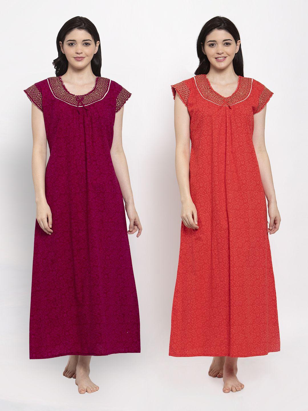 secret wish women pack of 2 maroon & red printed maxi nightdress