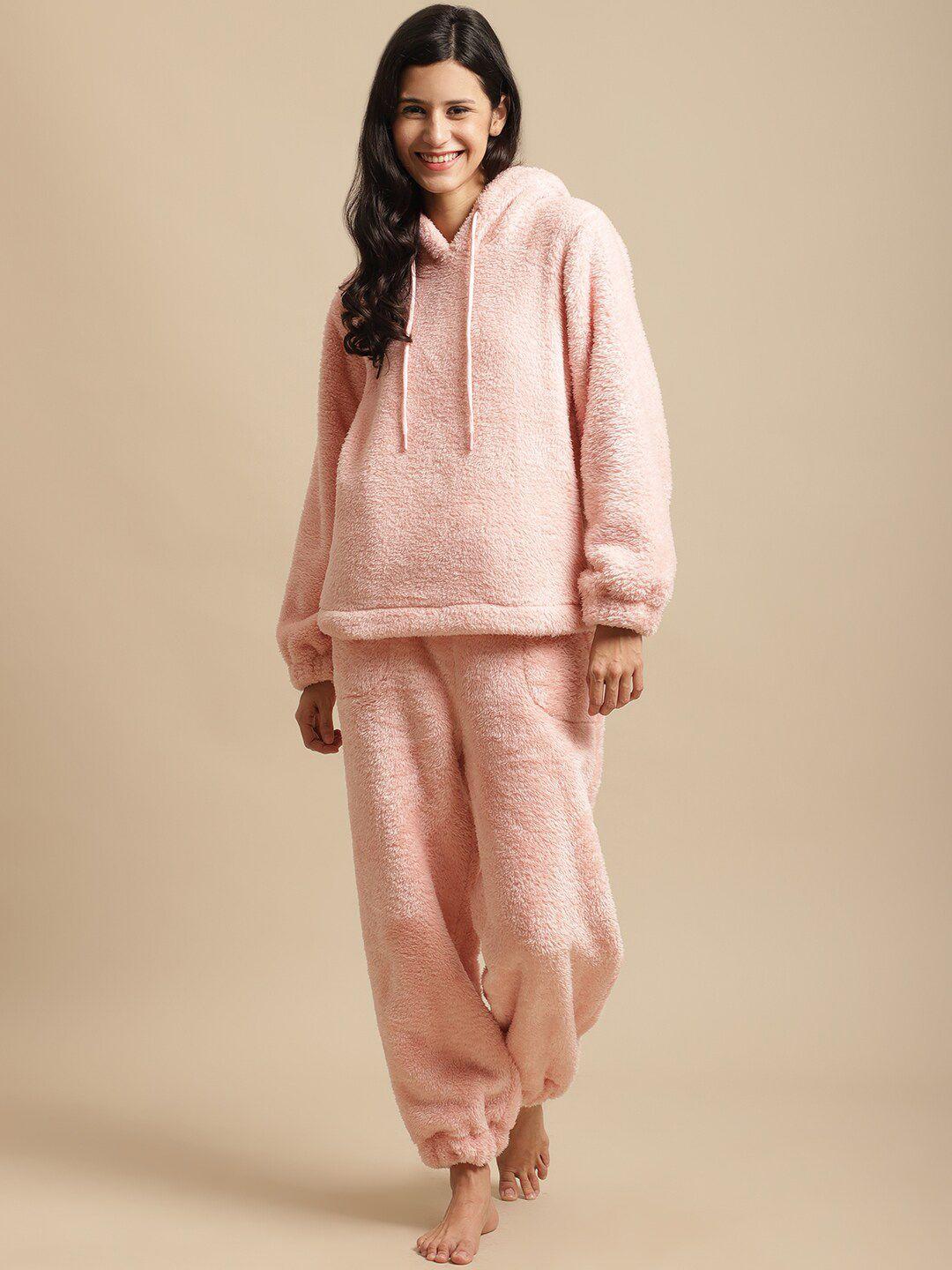 secret wish women pink solid hooded night suit