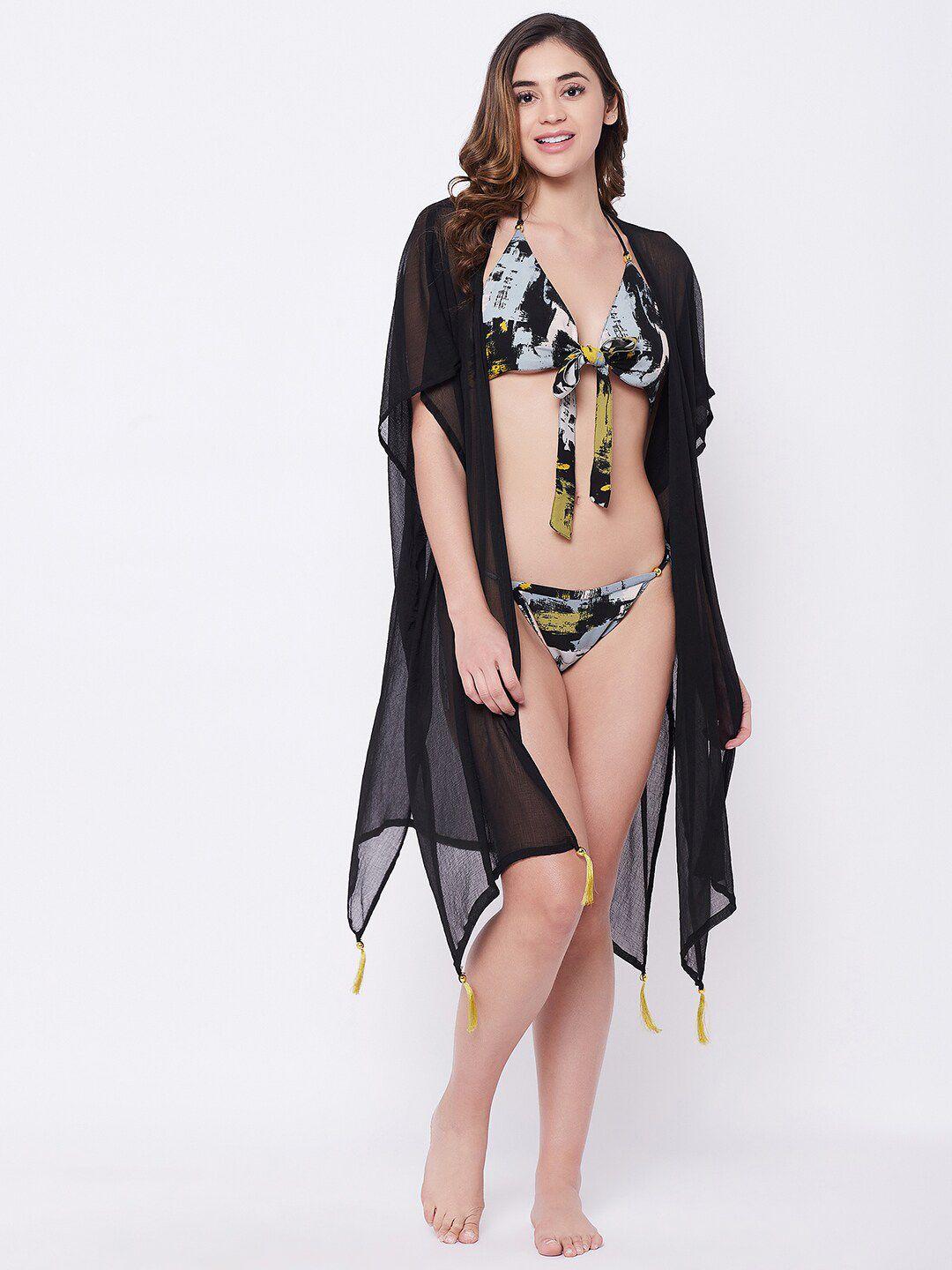 secrets by zerokaata women black & yellow printed bikini set with cover-up dress