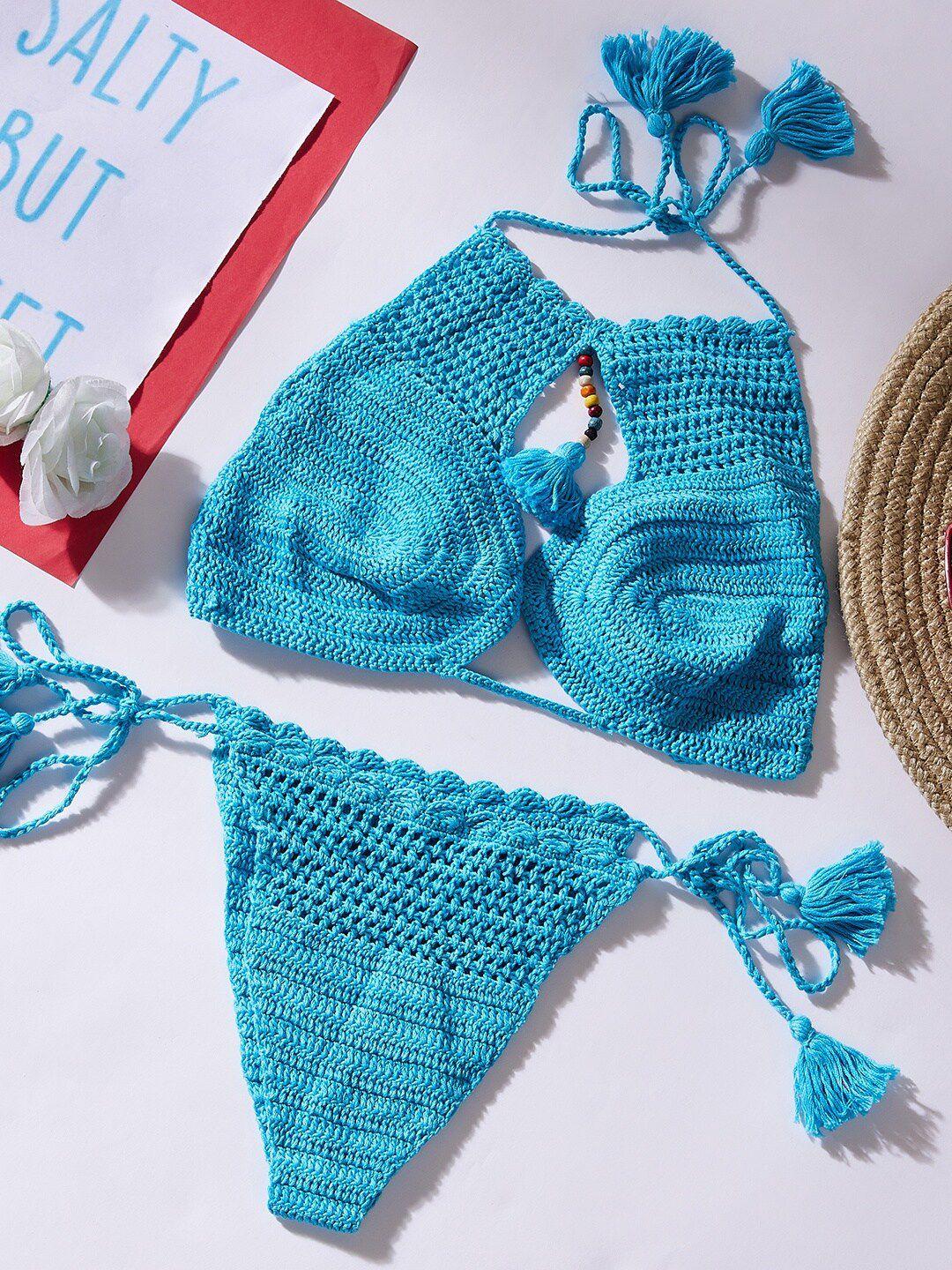 secrets by zerokaata women turquoise blue self design cotton bikini set