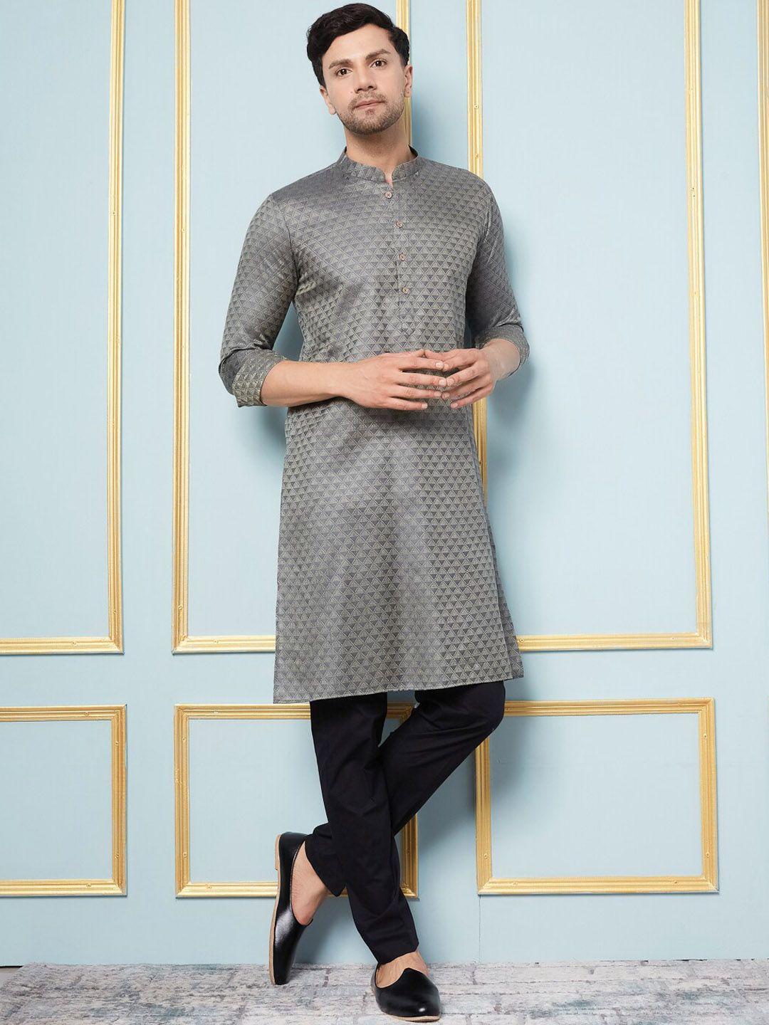 see designs  mandarin collar woven design straight kurta with pyjamas