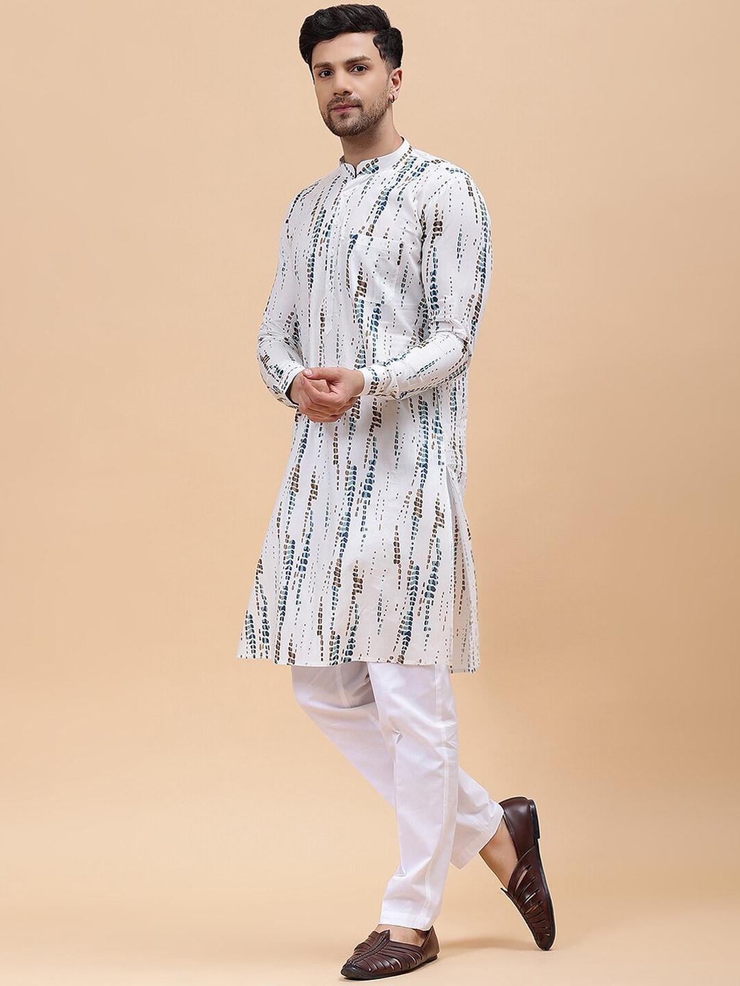 see designs ethnic motifs printed mandarin collar pure cotton kurta with pyjamas