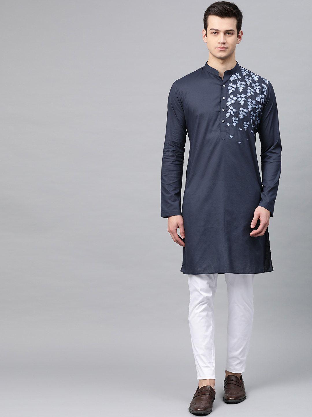 see designs floral embroidered mandarin collar thread work pure cotton kurta