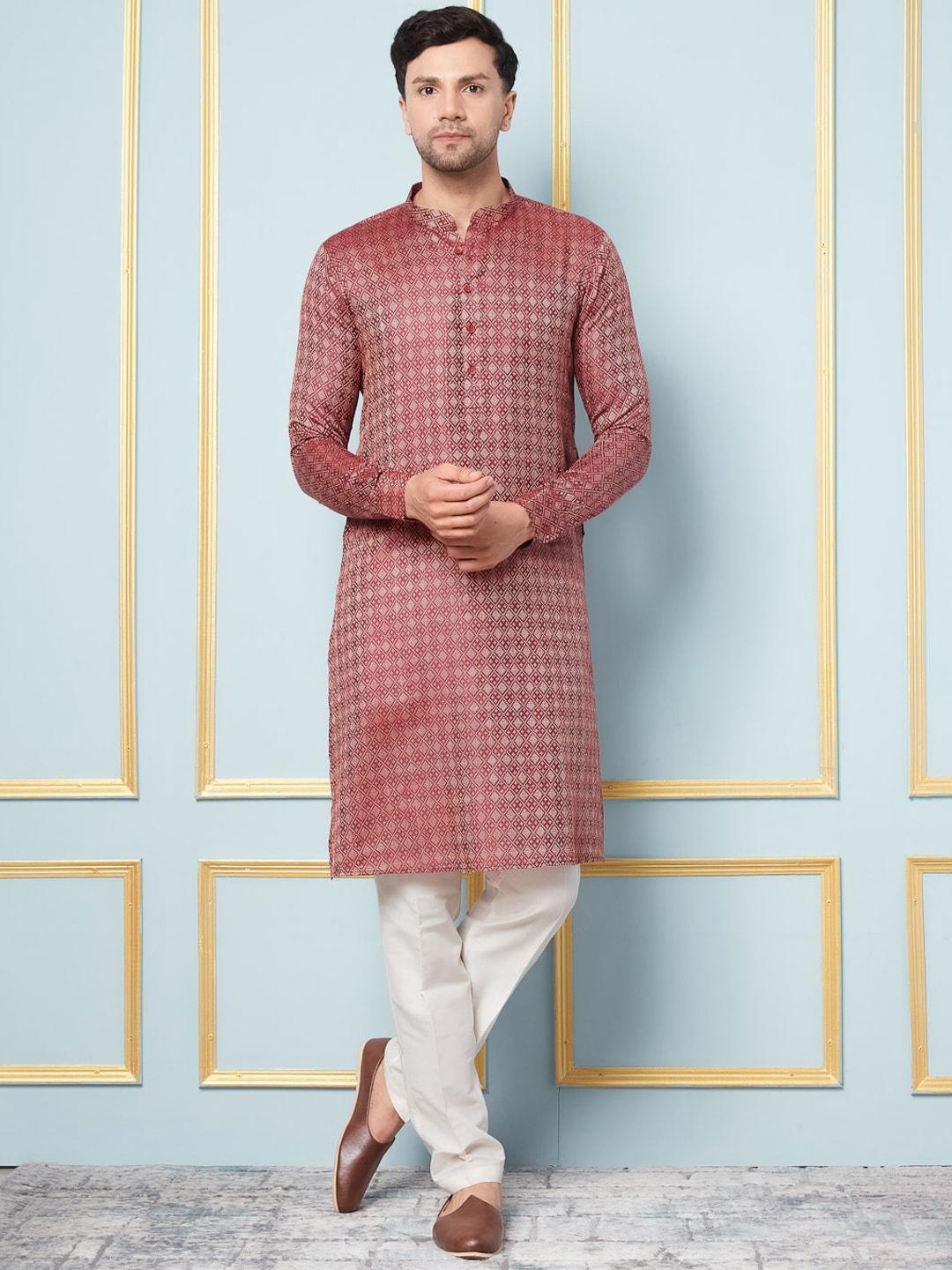 see designs mandarin collar  woven design straight kurta with pyjamas