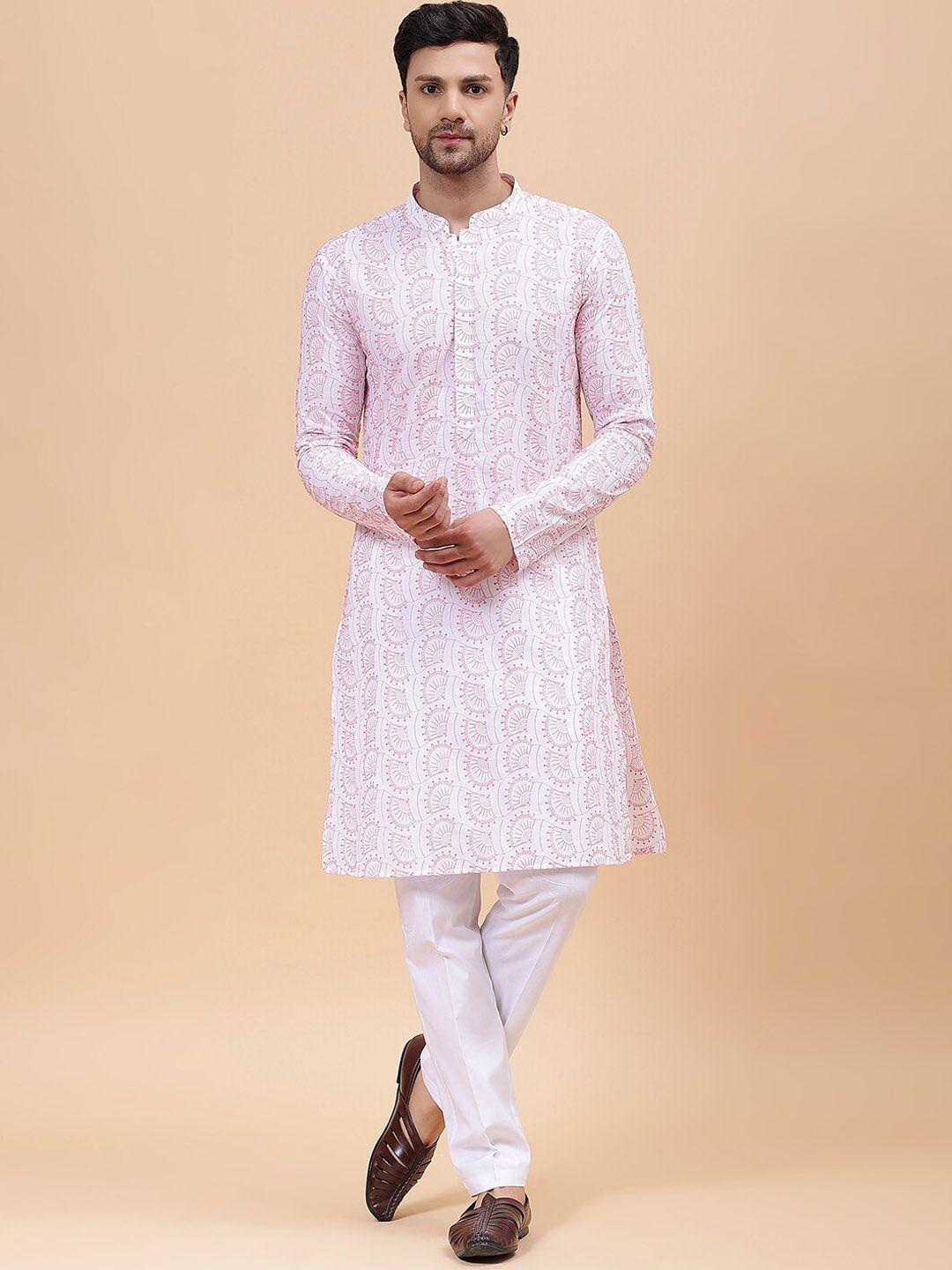 see designs mandarin collar ethnic motifs printed pure cotton kurta with pyjamas