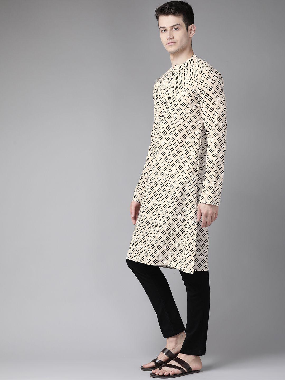 see designs men beige & black geometric block print cotton sustainable handloom kurta