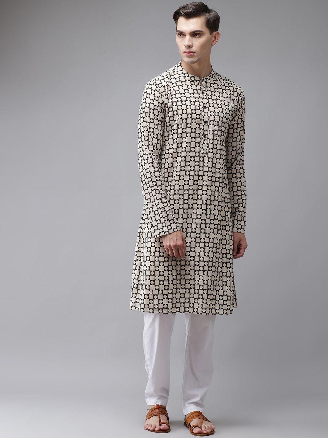 see designs men beige & white cotton printed kurta