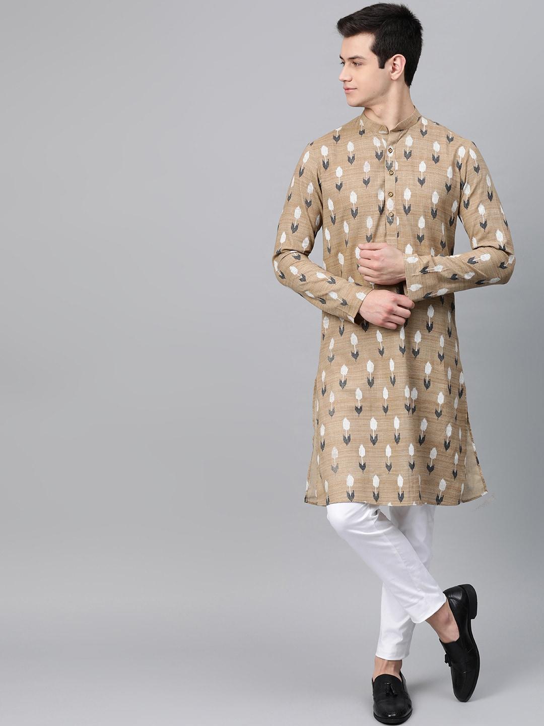 see designs men beige & white self floral design cotton straight kurta with pyjamas