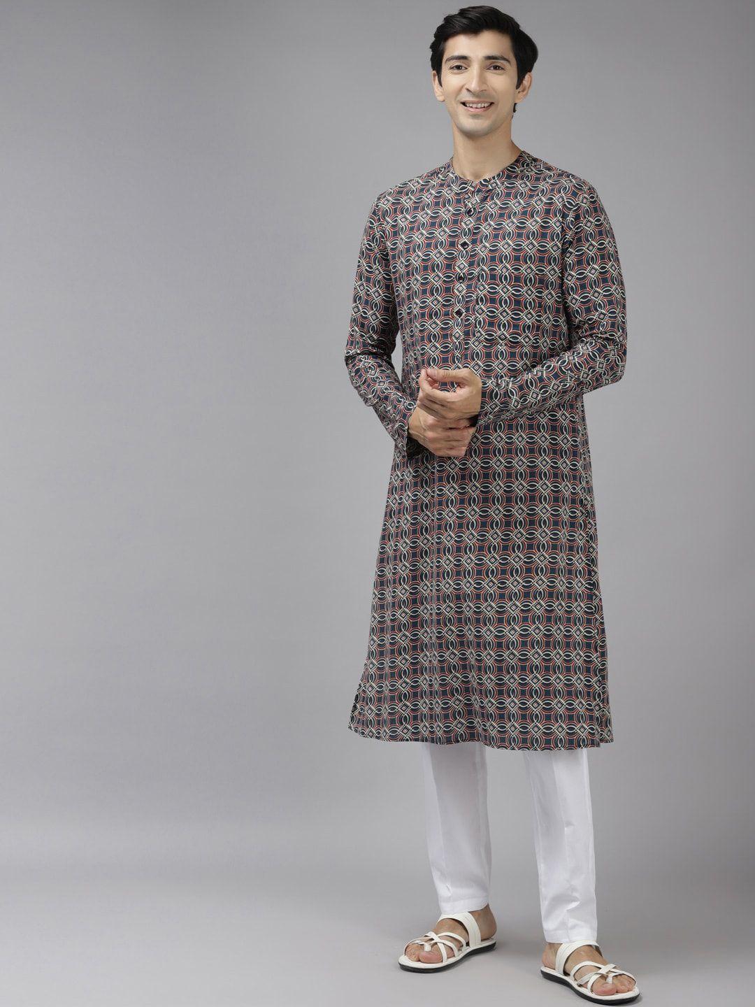 see designs men blue & red ethnic motifs printed cotton a-line kurta