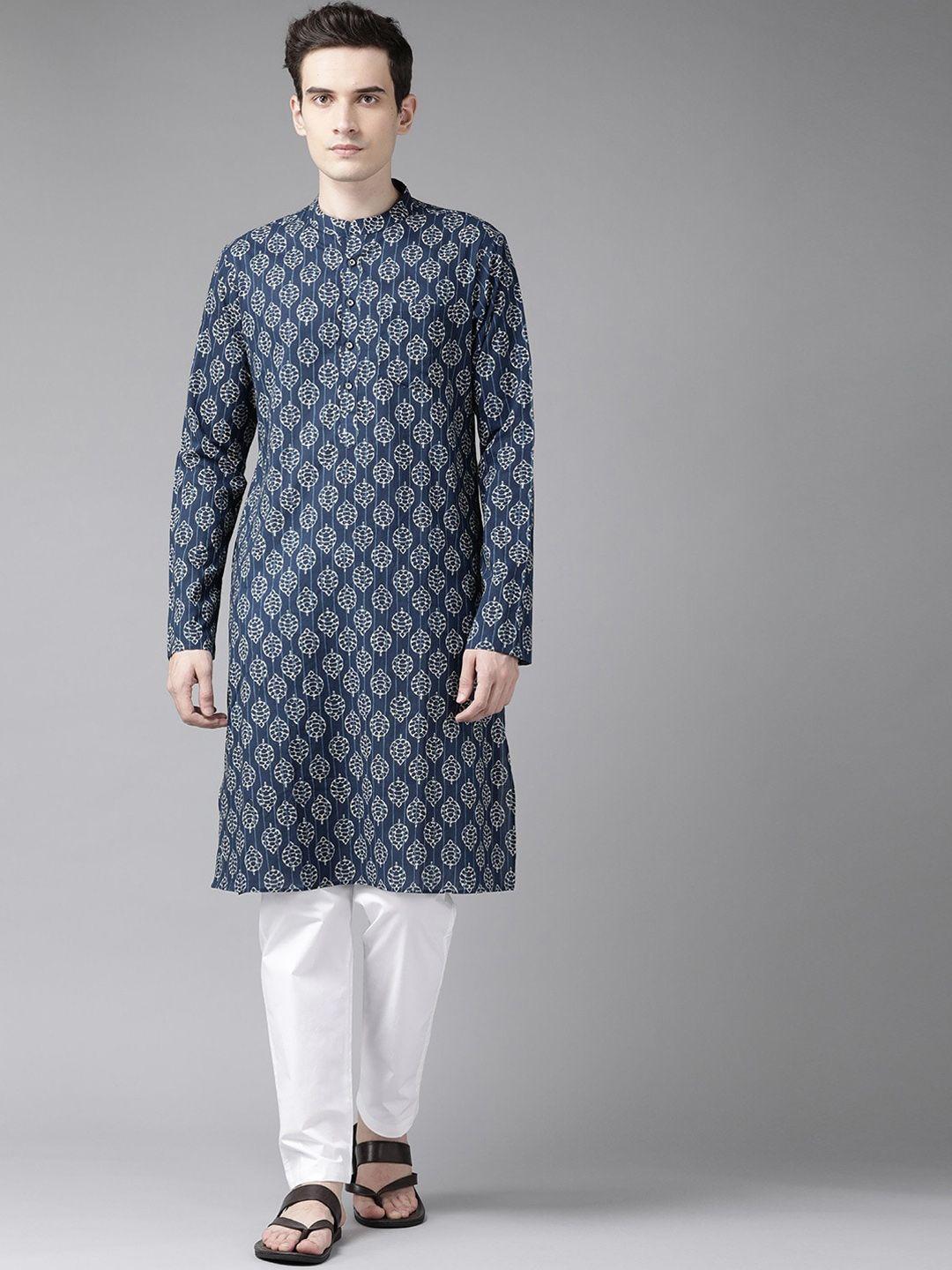 see designs men blue ethnic motifs printed pure cotton kurta with pyjamas