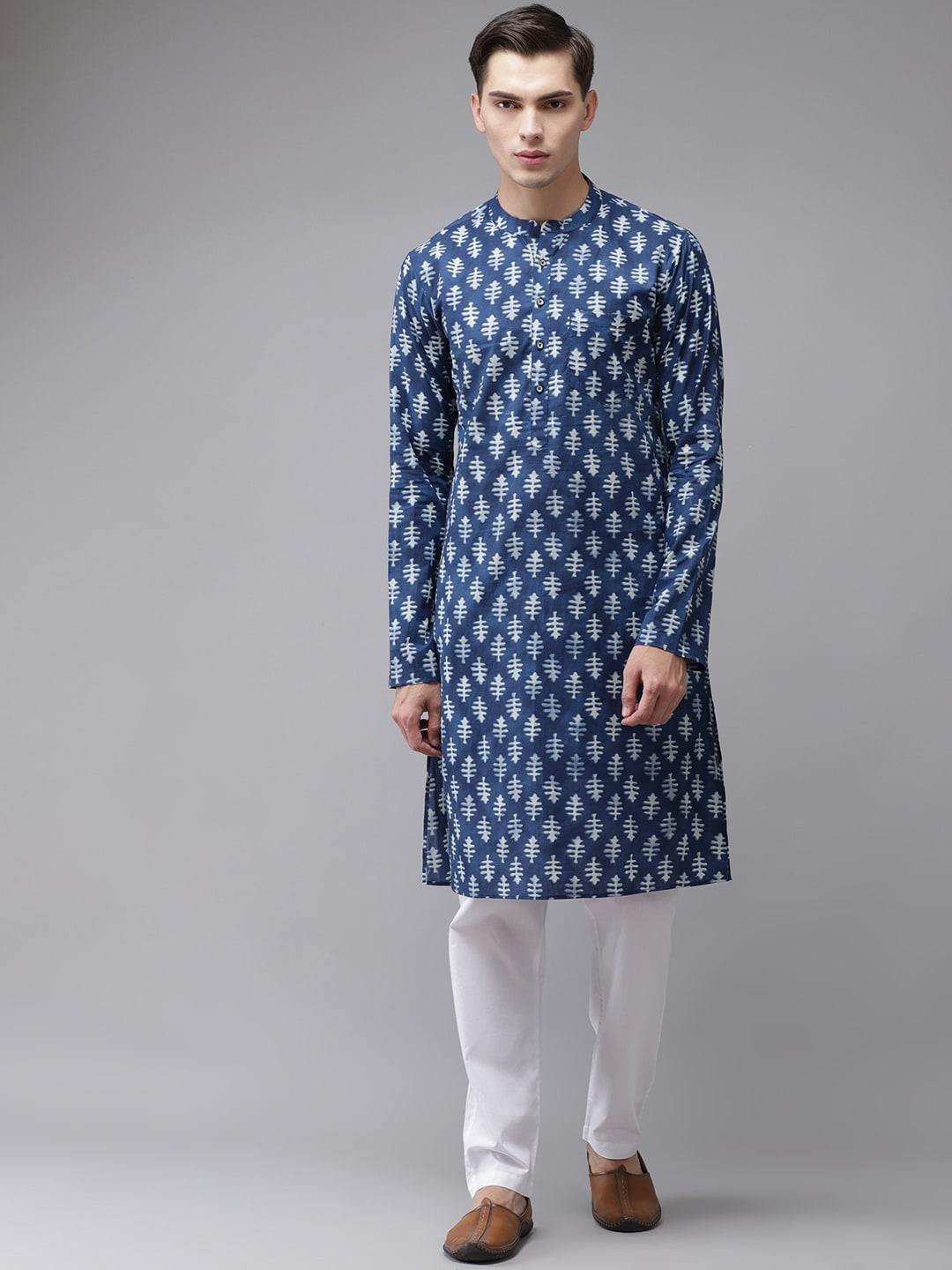 see designs men blue ethnic motifs printed regular pure cotton kurta with pyjamas