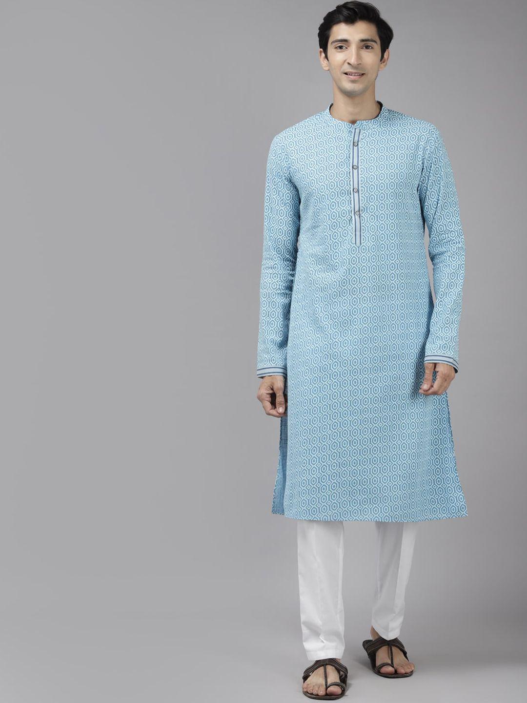 see designs men blue geometric printed cotton kurta