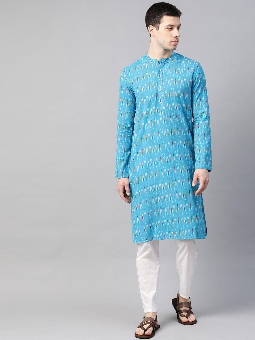 see designs men blue ikat printed pure cotton kurta with pyjamas