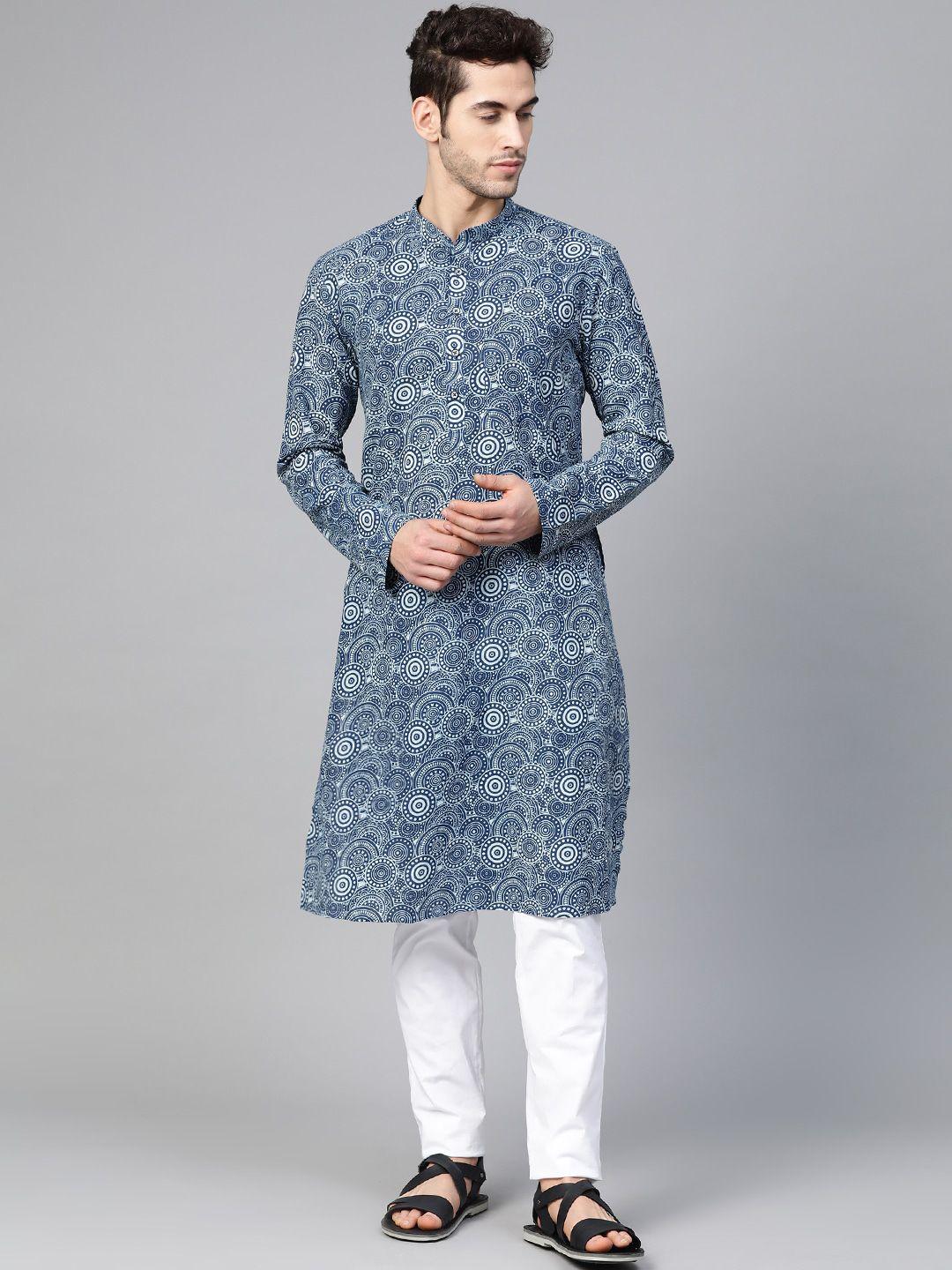 see designs men blue printed pure cotton kurta with pyjamas