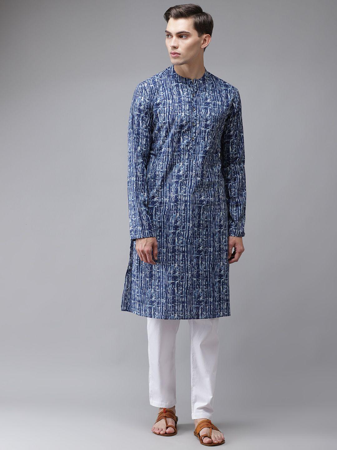 see designs men blue printed regular pure cotton kurta with pyjamas