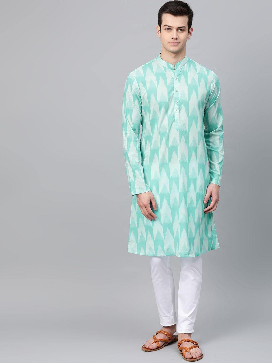 see designs men chevron block print mandarin collar cotton kurta