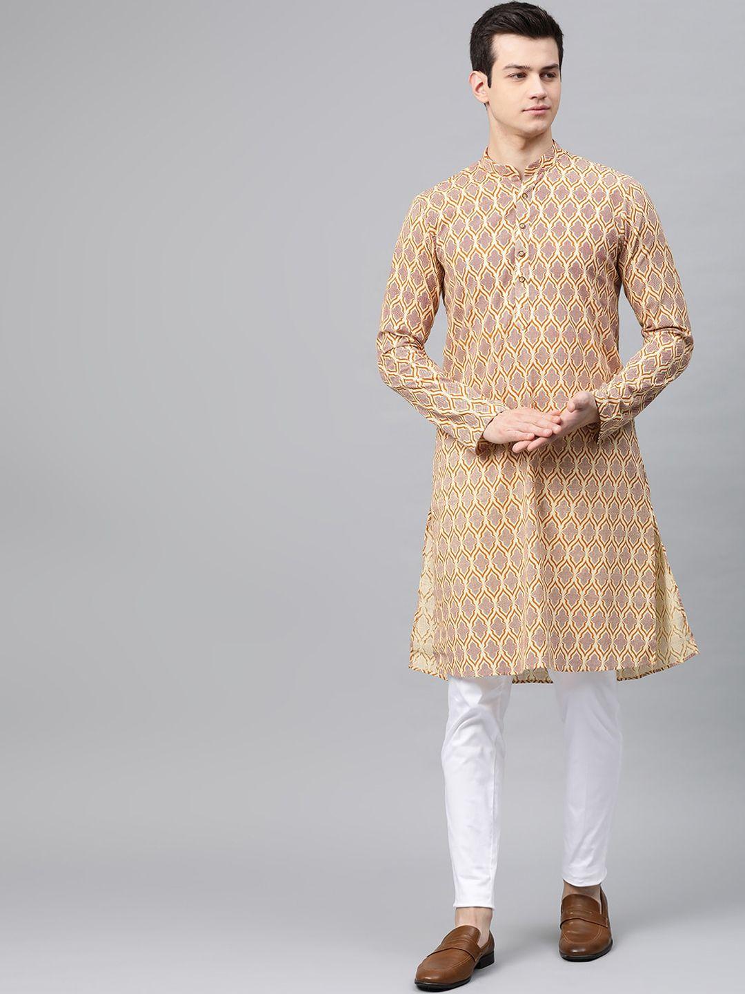 see designs men cream-coloured & red ethnic motifs printed cotton kurta with pyjamas