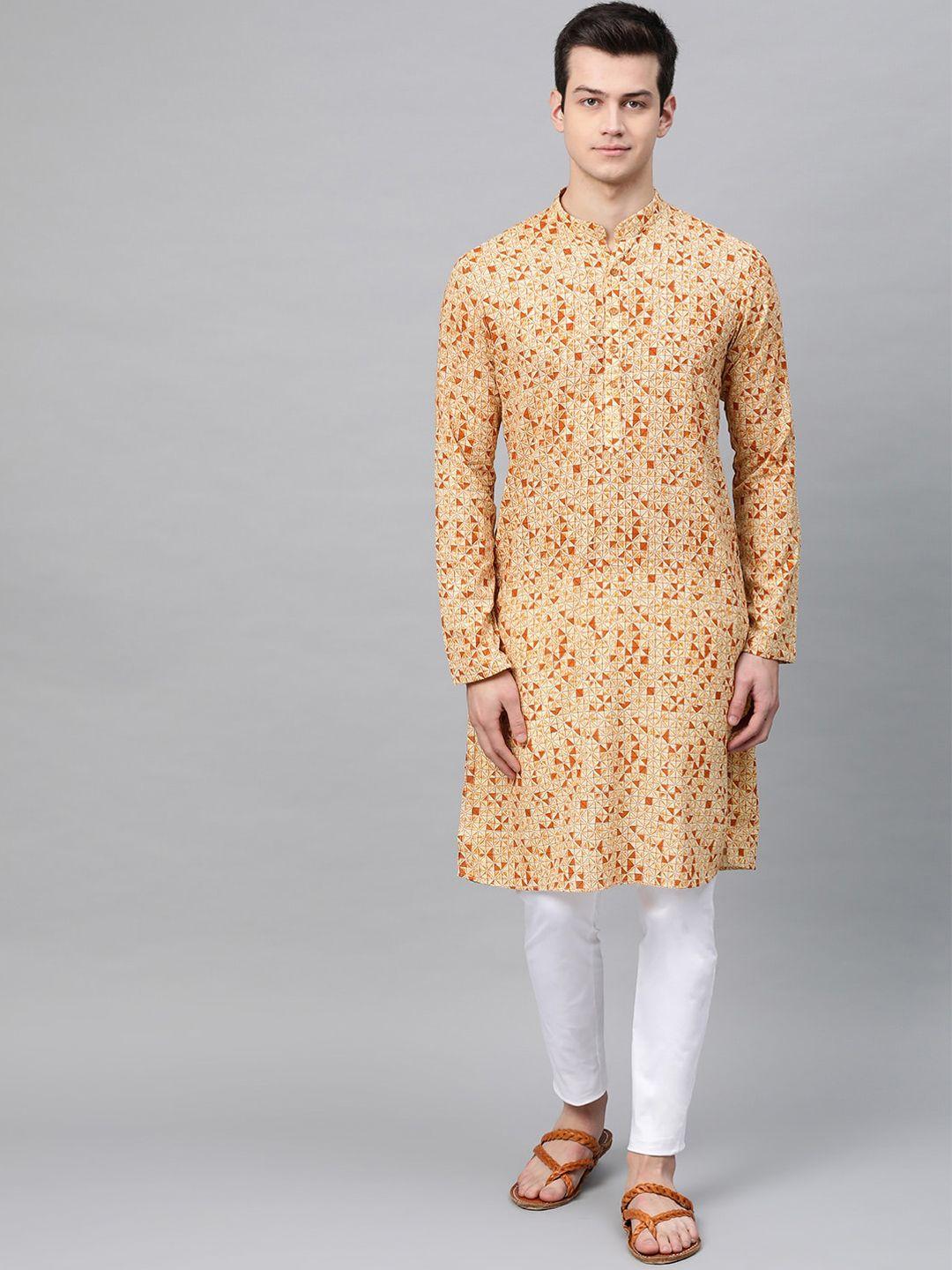 see designs men cream-coloured & rust brown geometric print cotton straight kurta set