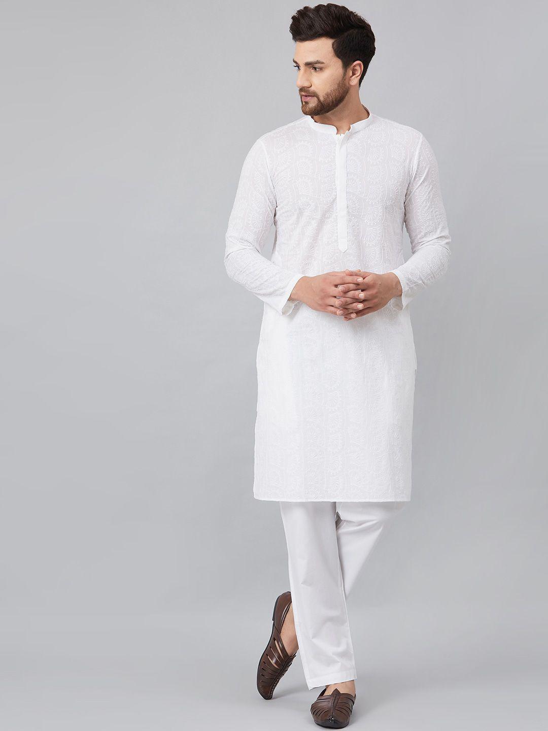 see designs men floral chikankari embroidered pure cotton kurta with pyjamas
