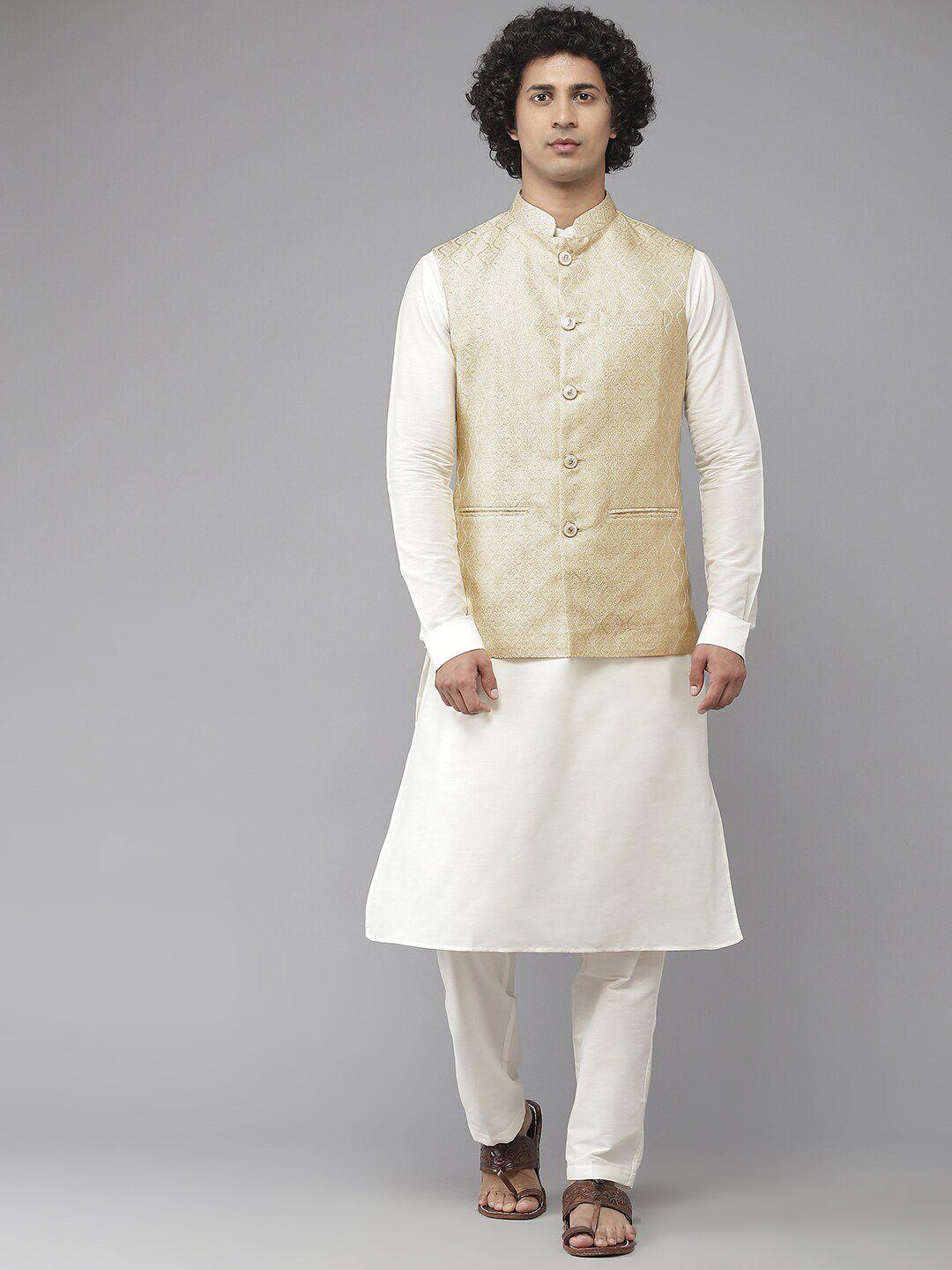 see-designs-men-gold-coloured-&-white-woven-design-nehru-jackets