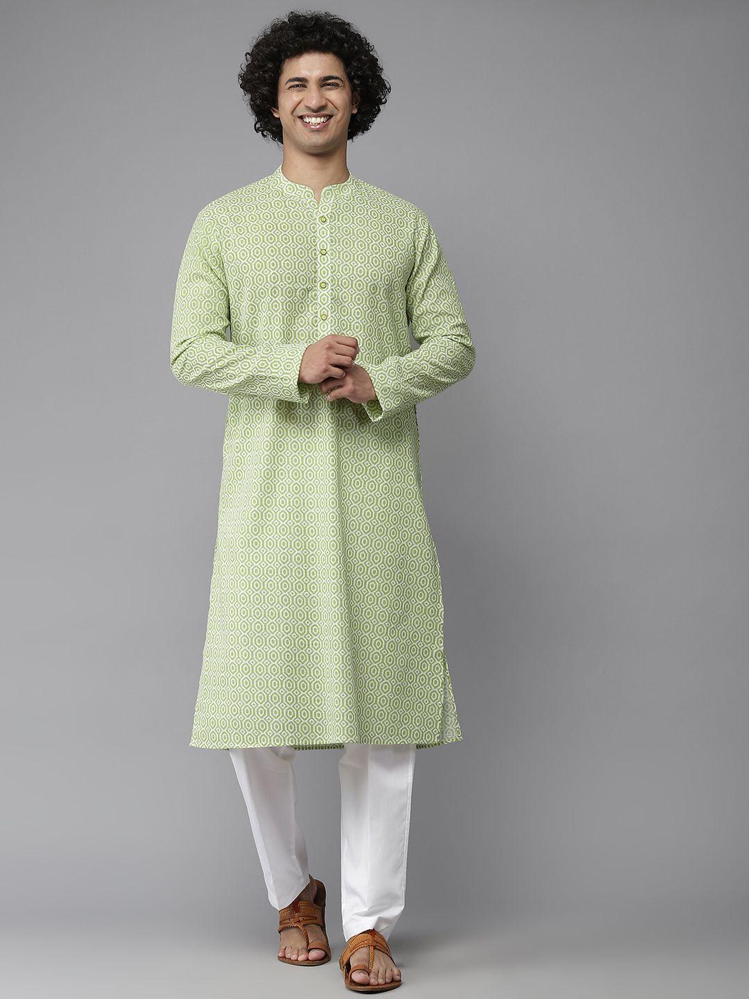see designs men green & white printed pure cotton kurta with pyjamas