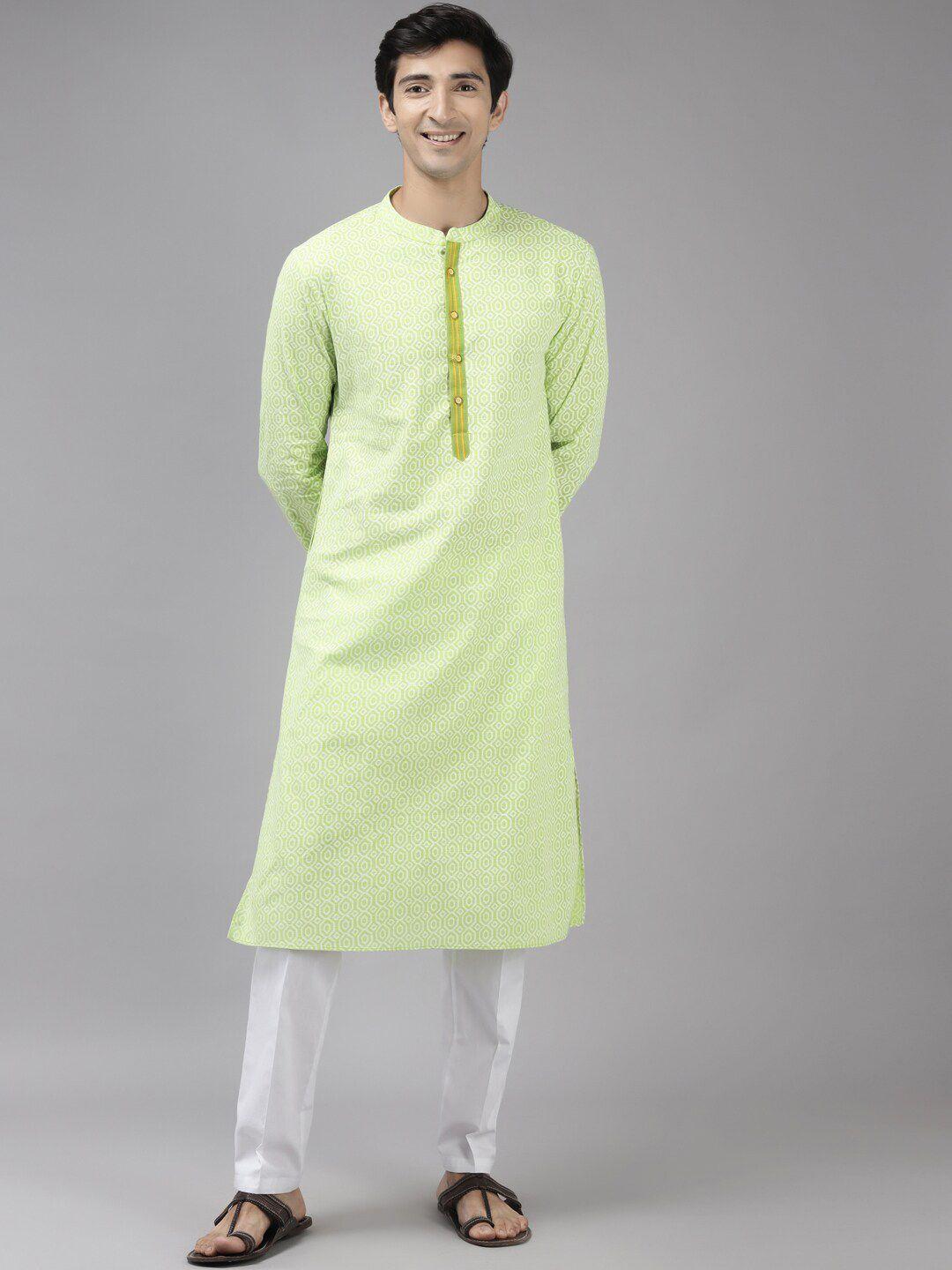 see designs men lime green geometric printed pure cotton a-line kurta